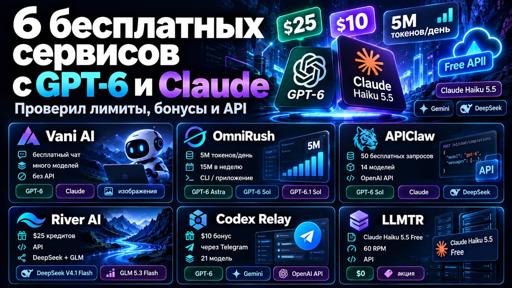 Нашёл и проверил 6 сервисов с бесплатным доступом к GPT-6, Claude и API: лимиты, бонусы и результаты тестов