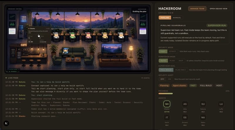 Hackeroom — give Claude Code a dev team you hire yourself, and watch them work in an office