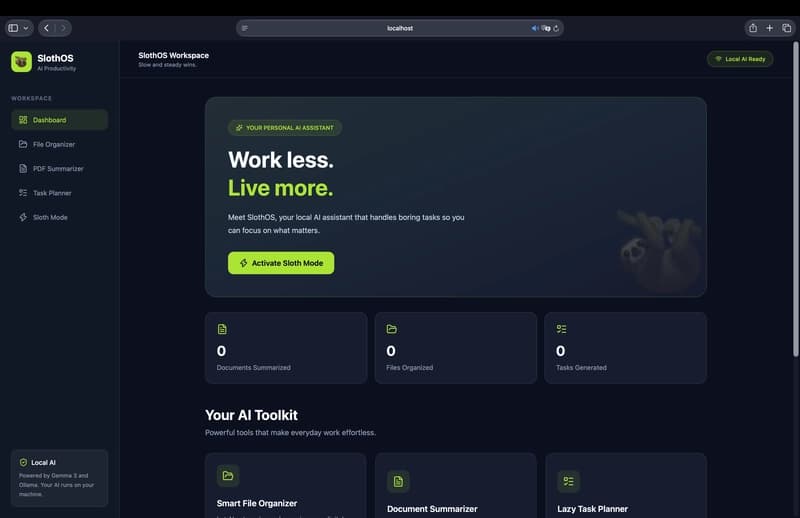 🦥 SlothOS AI — работайте меньше, живите больше: помощник по повышению производительности, ориентированный на конфиденциальность, на базе локальной Gemma 3
