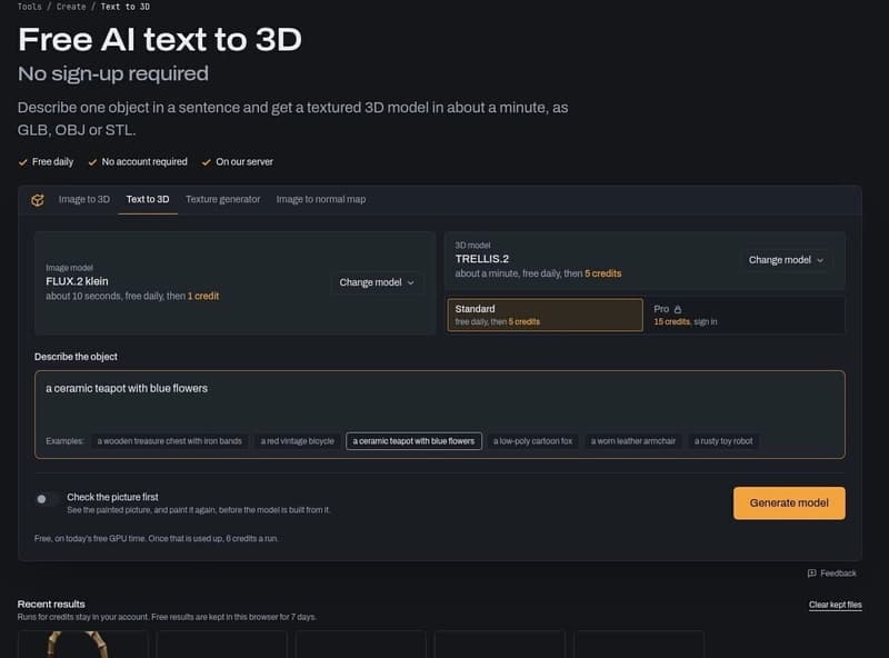 Текст в 3D-модель бесплатно: я попробовал пример с чайником (без регистрации)